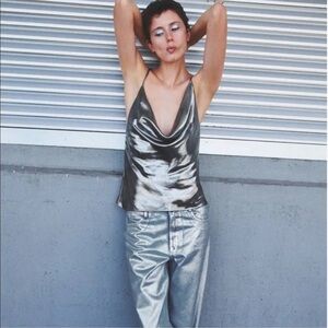 Zara Dark Silver Metallic Cowl Neck Cross-Back Camisole